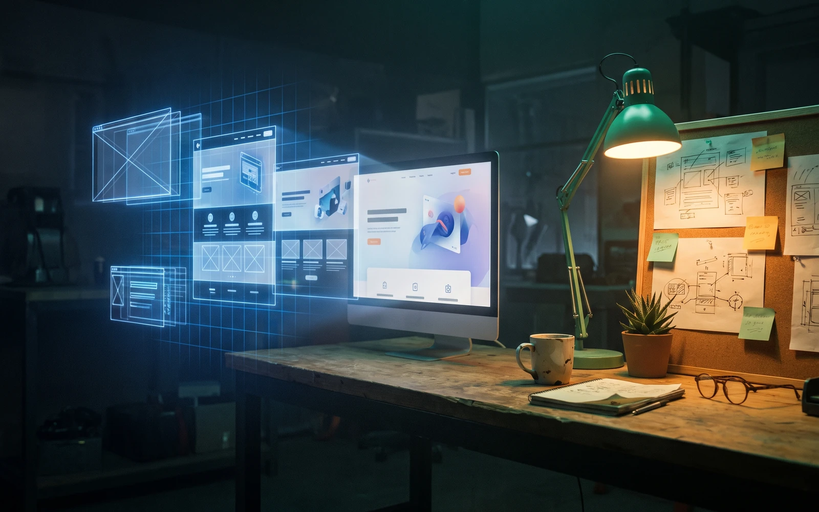 A workshop desk where blue holographic wireframe panels on the left resolve into a finished web page on a monitor, with a warm lamp-lit workbench of sketches, sticky notes, a mug and a pair of round glasses on the right.