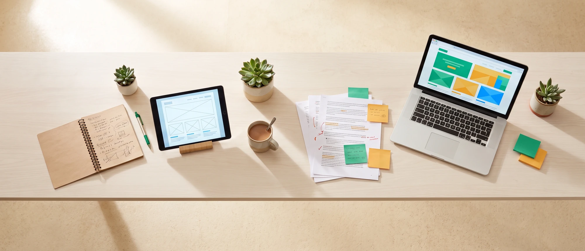 Overhead view of a pale wood desk showing the process left to right: a notebook of handwritten notes, a tablet displaying a wireframe, printed proofs marked up in red pen with sticky notes, and a laptop showing the finished site in green, amber and blue.