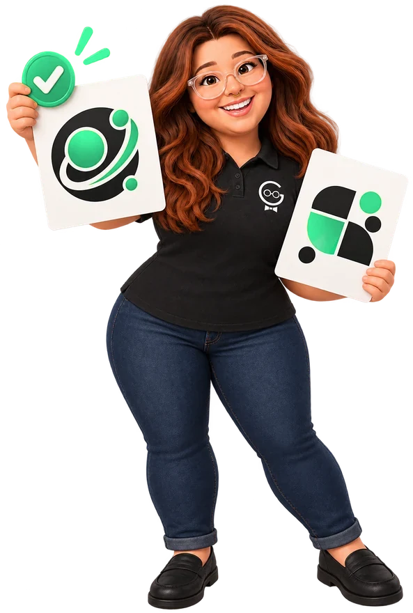 Caitlyn presenting two finished logo concepts, one marked approved