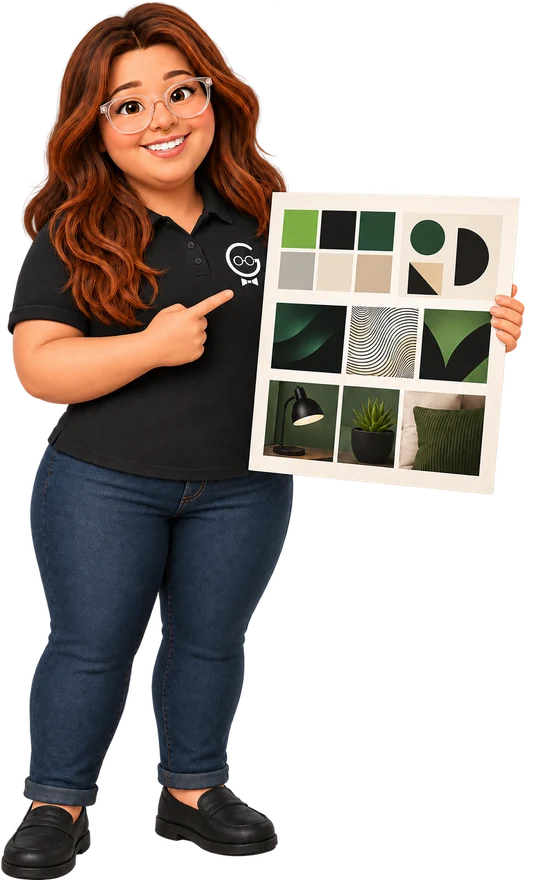 Caitlyn holding a mood board of colours, textures and shapes