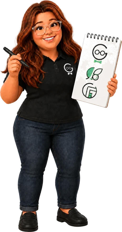 Caitlyn sketching rough logo concepts on a notepad