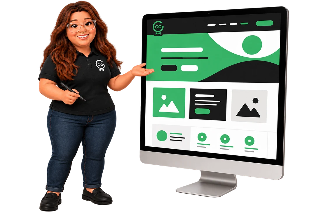 Caitlyn presenting a finished custom website design on a large monitor