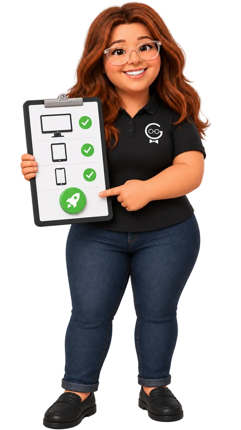 Caitlyn holding a launch checklist with desktop, tablet and phone checks ticked off
