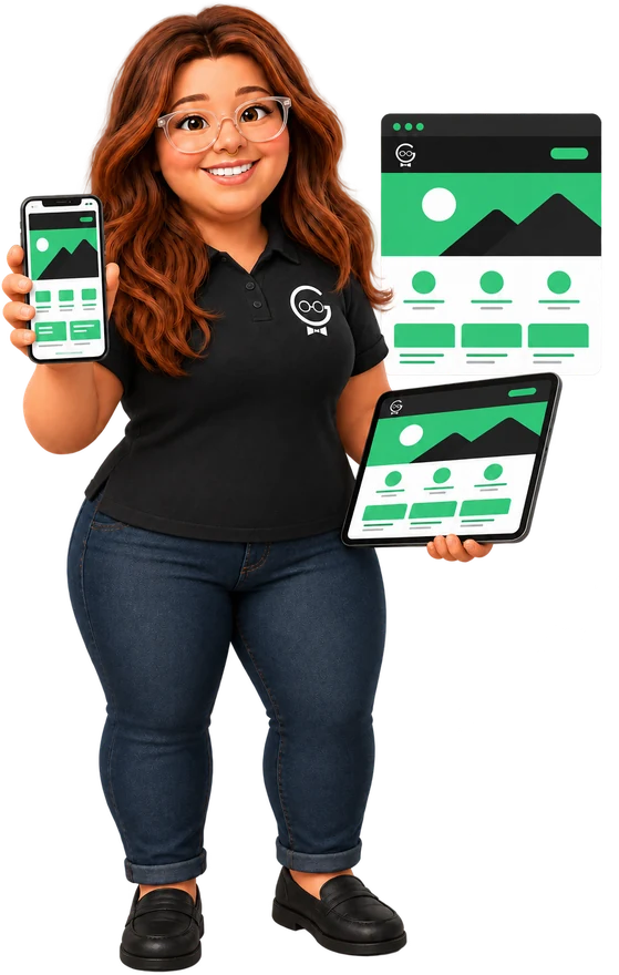 Caitlyn holding a phone and a tablet showing the same site laid out for each screen