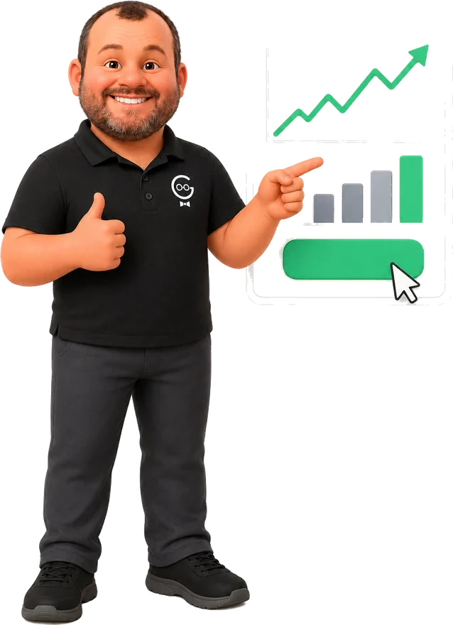 Frank giving a thumbs up beside a rising campaign results chart