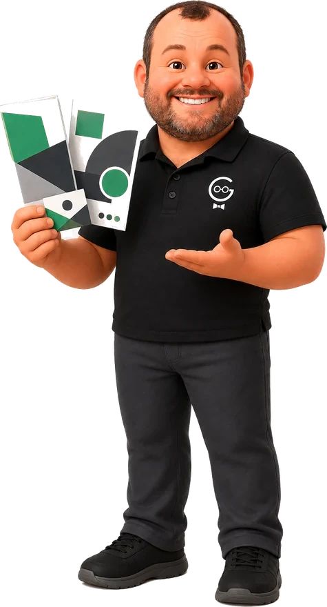 Frank holding a fan of Techno Goober advertising materials