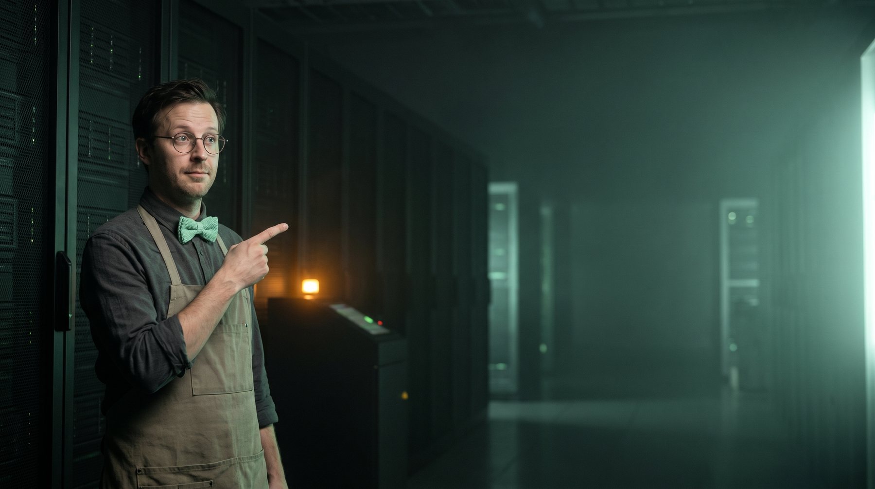 A Goober in round glasses and a mint bow tie stands in a dark server hall, pointing calmly off to one side.