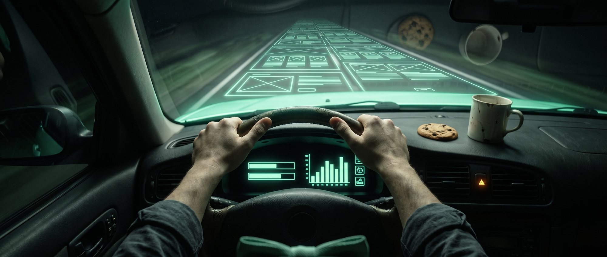 Driver's-eye view at night: two human hands rest on a worn steering wheel while the road ahead is made of glowing website wireframes streaming past. The dashboard dials show layout readouts instead of speed, and a cookie and mug sit on the dash.