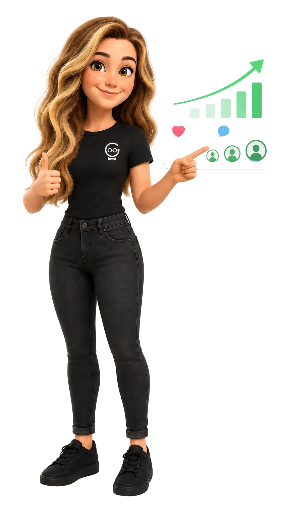 Shelby giving a thumbs up beside a rising social growth chart