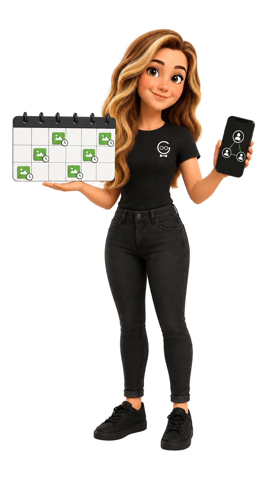 Shelby holding a month of scheduled posts on a content calendar