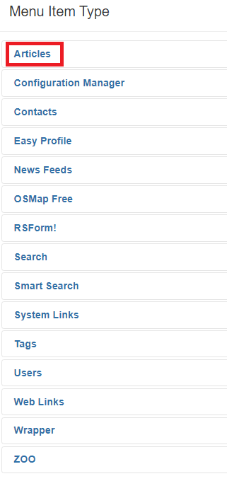 Menu item Type - Articles