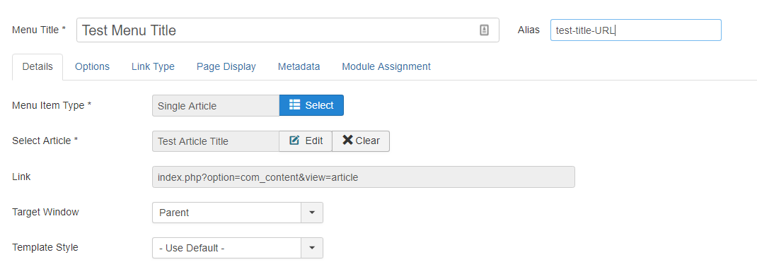 Menu Title and URL