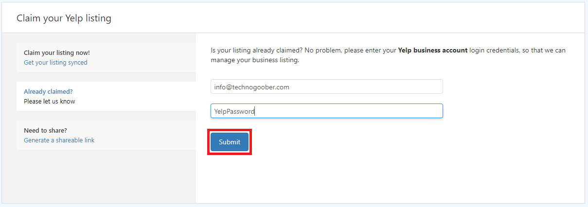 Yelp username and password