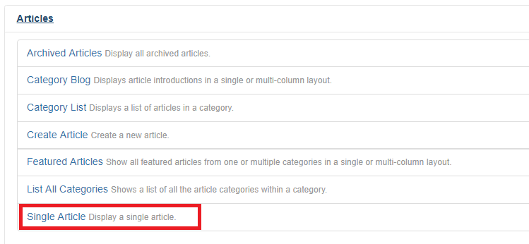 menu item type single article