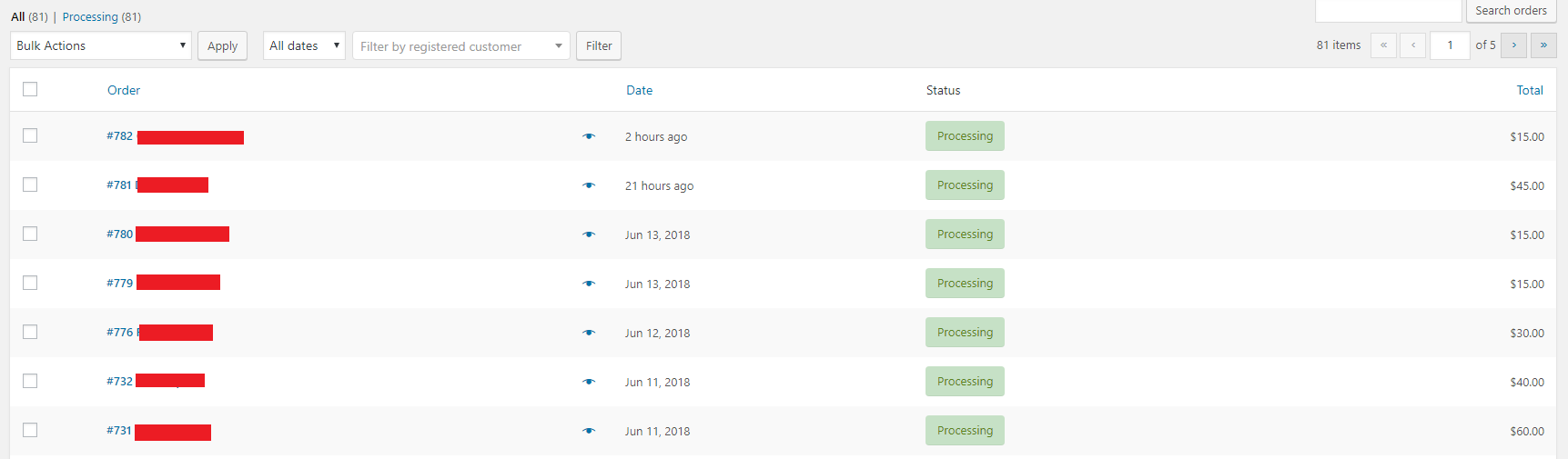 orders list