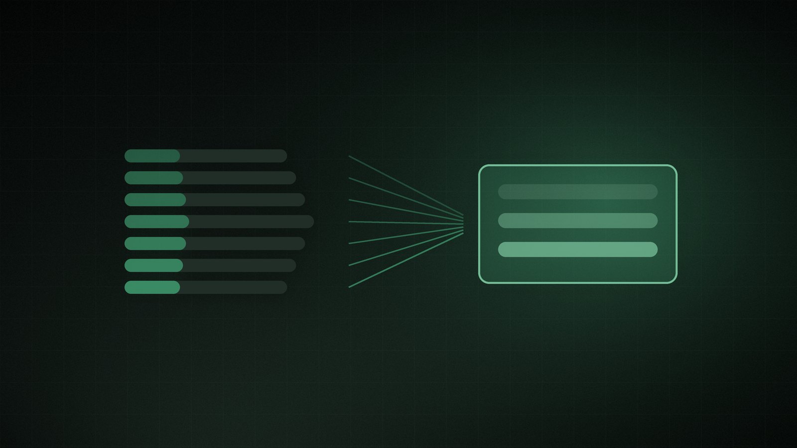 Many thin stacked panels converging into one larger panel, in green on a dark background