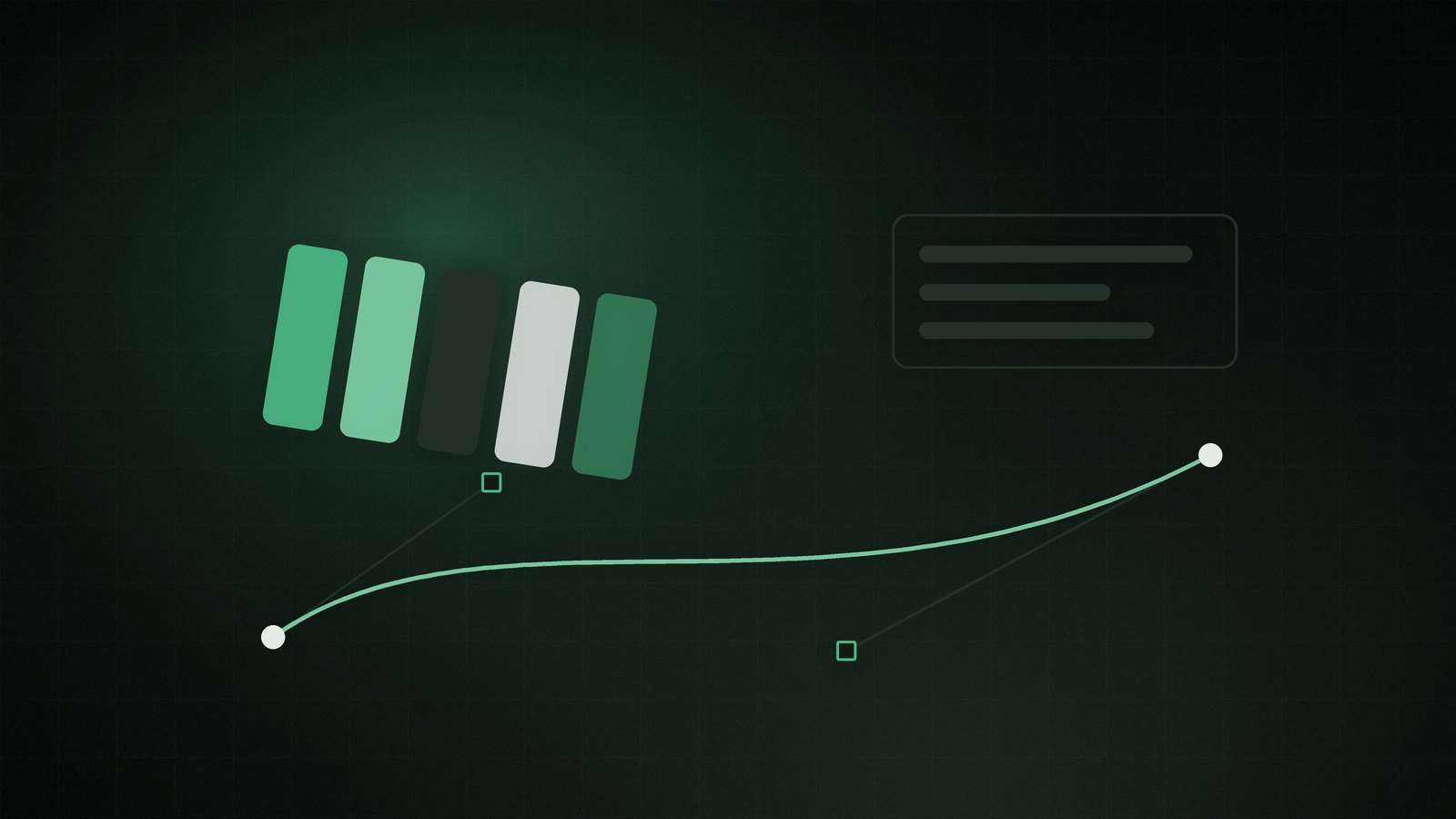 Colour swatch chips beside a bezier curve with its control handles, in green on a dark background