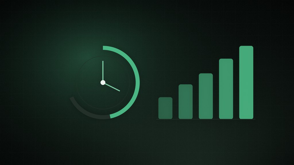 A clock face beside a set of rising bars, in green on a dark background